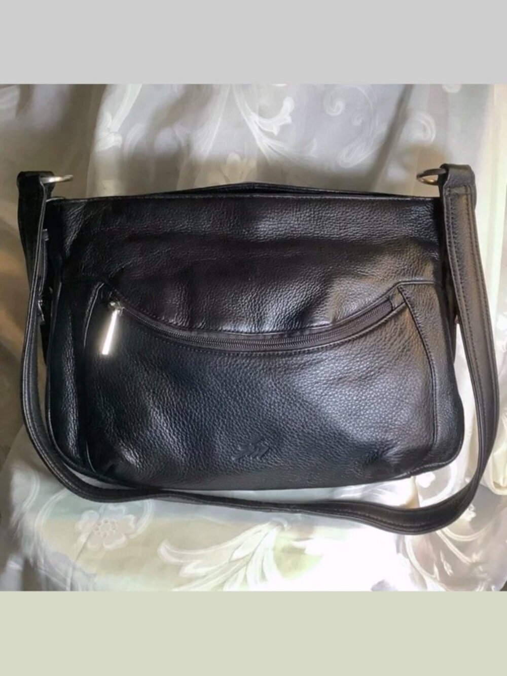 Stone Mountain Large Black Shoulder Bag Pebbled Faux Leather 13” Wide Adjustable